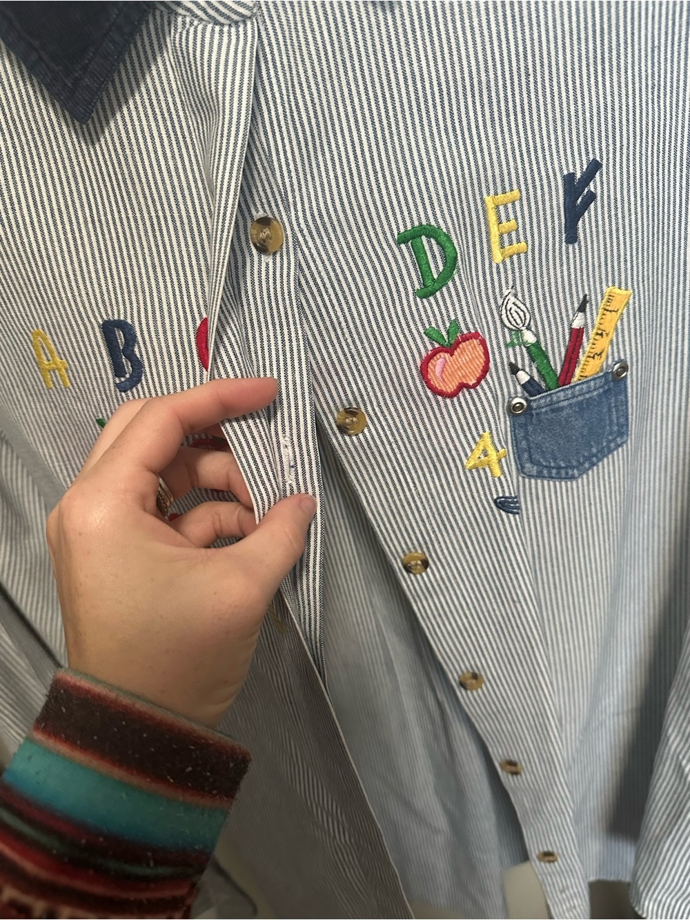 Vintage Blue and White Striped Button Down with Teacher School Themed Embroidery - Picture 4 of 9